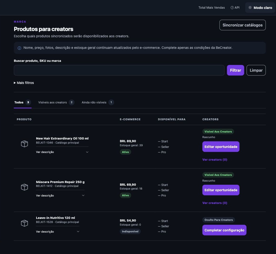 Painel da Marca mostrando produtos disponíveis para creators